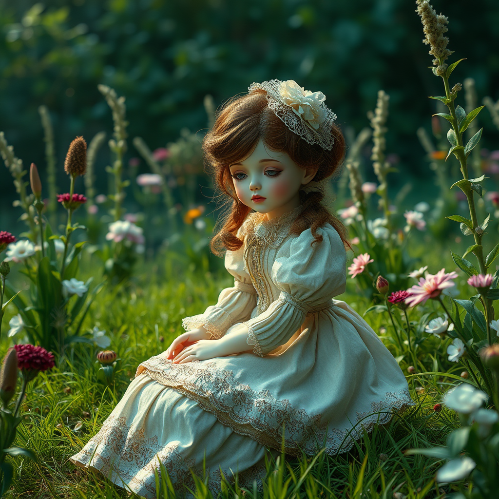 a young porcelain doll sitting in the garden wearing a Victorian dress, bjd, poster, perspective, cinematic still, high quality photo, by victo ngai, by Masamune Shirow, by wadim kashin, by audery_kawasaki, by ismail inceoglu, by amy sol, outline, hyperrealism, by klimt, intricate environment, ultra-detailed cinematic shot, impressionistic