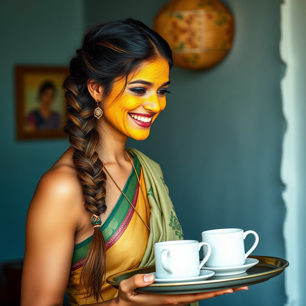 slim, 30 year old, sexy, indian wife, decorated hair braid, turmeric face mask. She is smiling and serving coffee on a tray to guests.