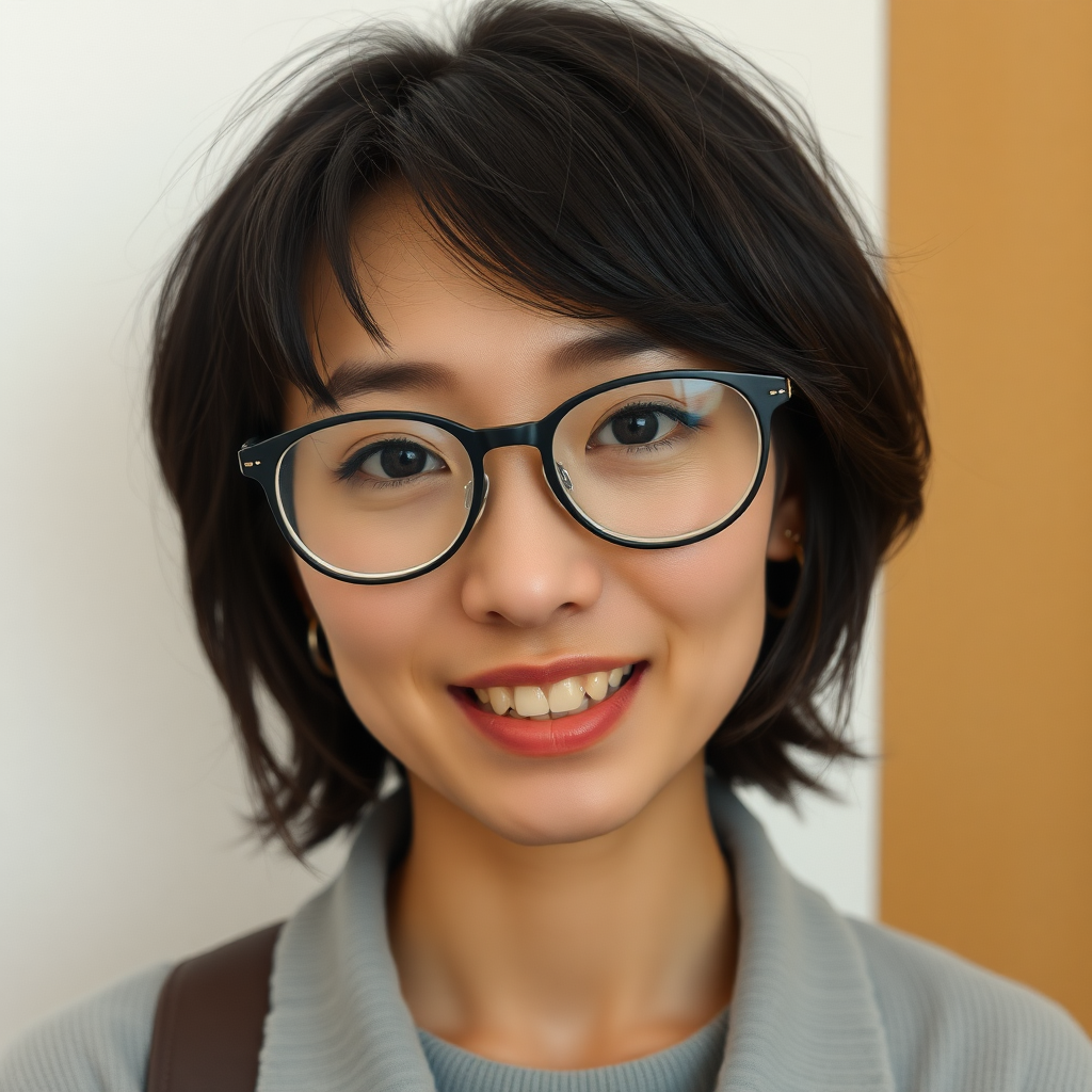 real casual photo, japanese nerdy skinny adult woman with big nose, big mouth, big yellowish teeth, moles, big eyeglasses and medium hair, serious expression