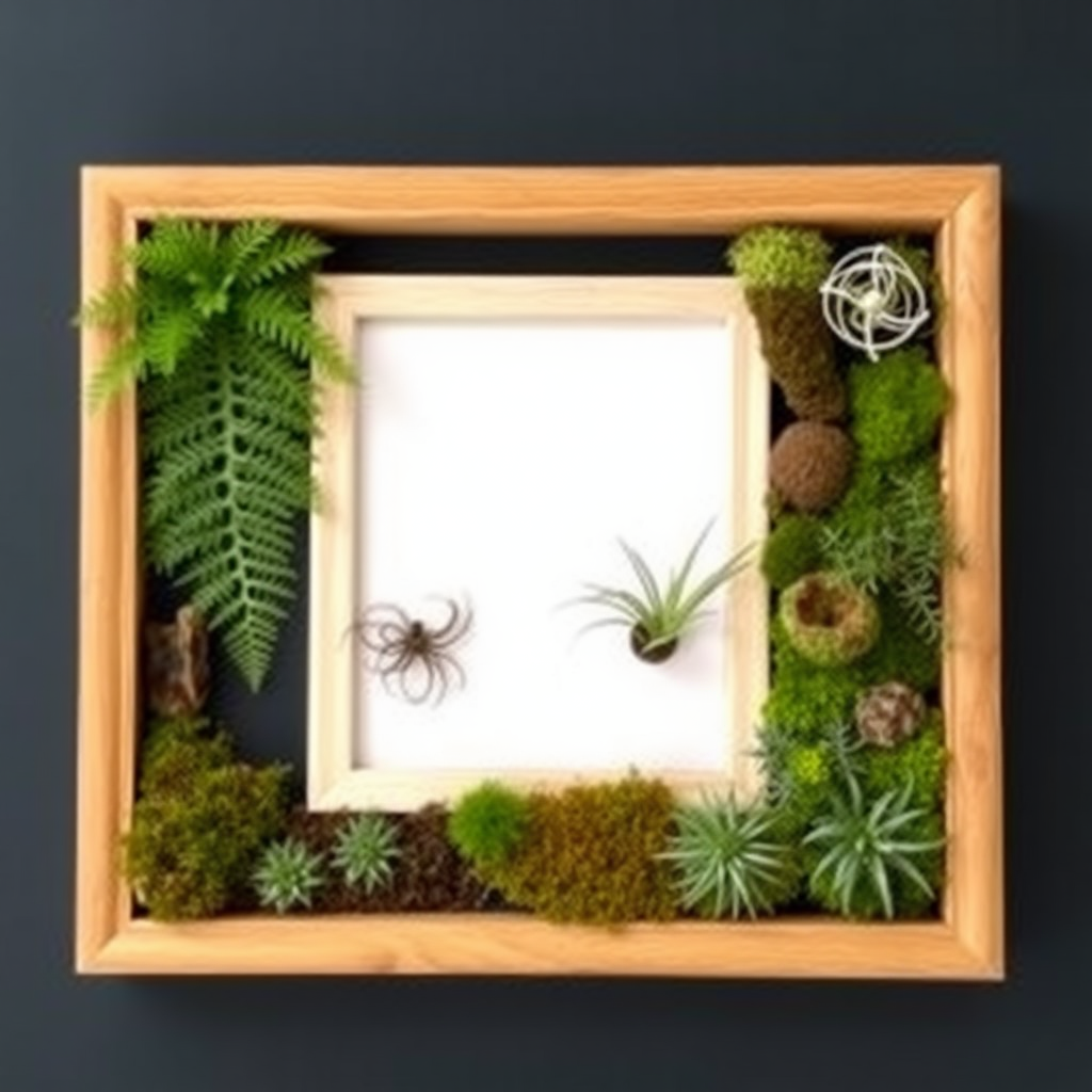 A picture frame is filled with ferns, moss, and air plants.