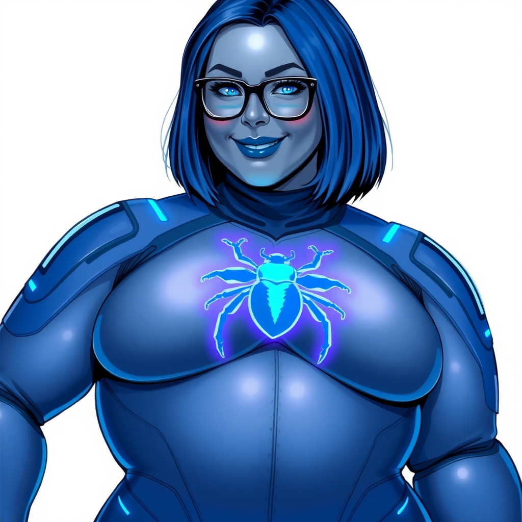 A 28-year-old, full-figured, middle gray metal skinned computer program-human hybrid with a maximum blue bob cut. She is the digital sidekick, computer hacker, and nerdy girlfriend of her cyberpunk vigilante boyfriend. Her middle gray metallic skin, distinct from any other character, highlights her digital nature. She wears maximum blue lipstick and has bright blue eyes. Her outfit includes a maximum blue full bodysuit with neon blue glowing beetle-themed accents completed by a neon blue glowing chest icon of a beetle. Black eyeglasses accentuate her nerdiness, and she has a lovestruck smile with neon red blush. Her full figure, including a prominent, gargantuan, round midsection (with full emphasis on the belly), gigantic limbs, and broad shoulders, reflects the doting care of her vigilante boyfriend. The background is solid white. She is drawn as if she was in a retro 2D cyberpunk fighting game. Ensure her bodysuit covers all her bare skin (especially her gargantuan midsection). Her bodysuit is influenced by DC's superheroine Jennifer Knight Phantom Lady but remains distinct.