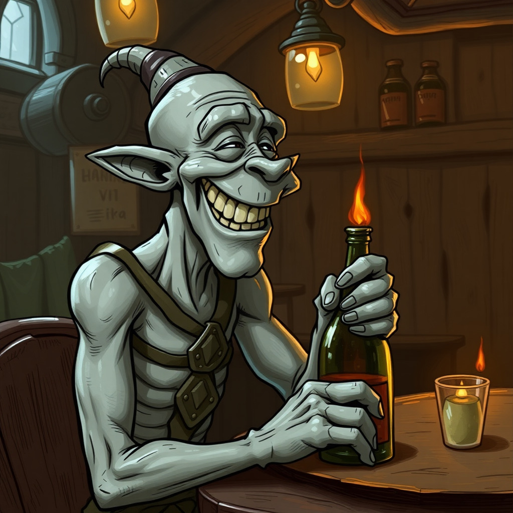 A skinny kobald with a bottle laughing at something to the right while inside a tavern