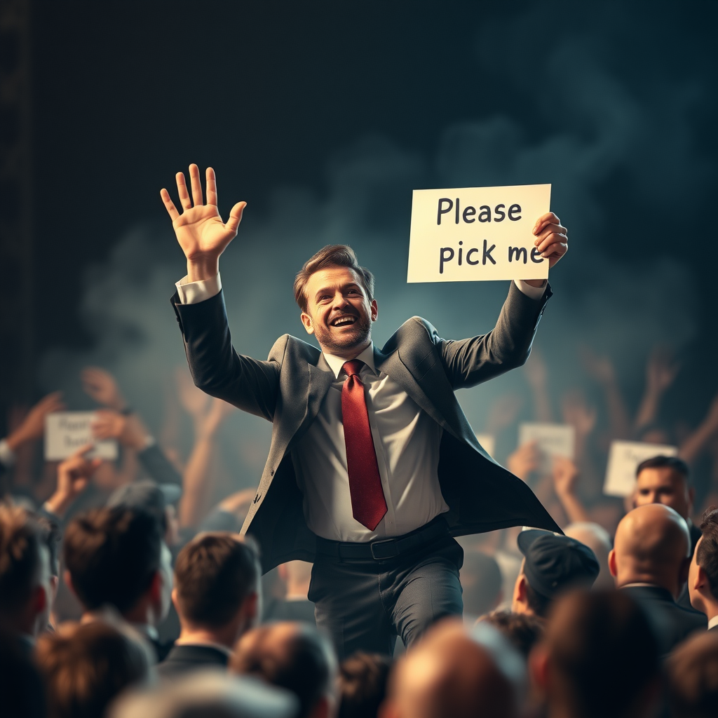 An ethereal mystic businessman eagerly jumps out of a crowd raising and waving his hand. His other hand holds a sign that reads "Please pick me!"