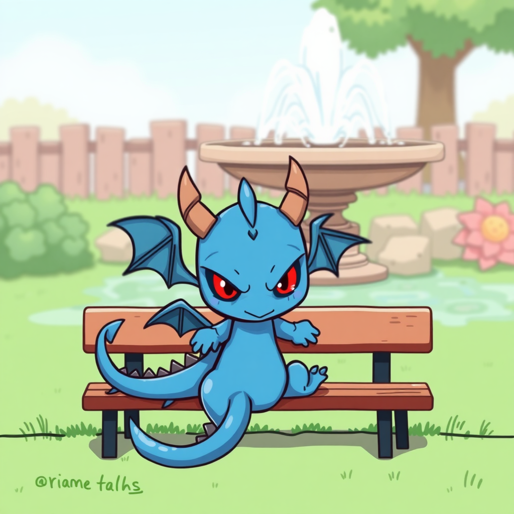 A cartoon blue small dragon with two legs, two arms, black angry eyes with red pupils and wings sitting on a bench watching a water fountain