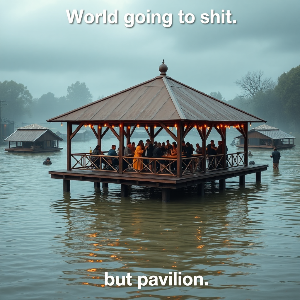 Create an image of a pavilion in a flooded environment and people comically partying on it drinking beer while the world is completely overflooded. Focus on the humorous contrast of the situation. Include the text "World going to shit" The bottom part should have the text "but pavilion"