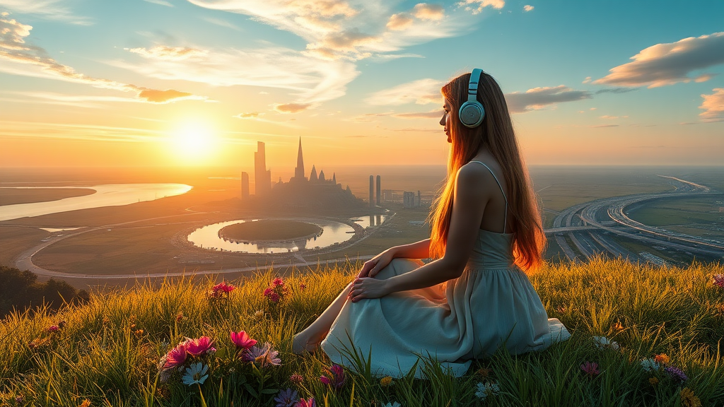 pretty woman long hair, pretty dress, sit on the grass with flowers, with headphone, alien planet, aliens buildings, with nice greenery flowers and rivers, beach, nice sunset, highways and streets, ultra realistic view high detail