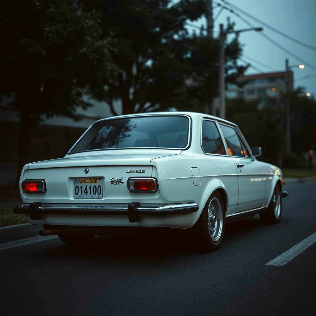 the car is parked on the side of the road, inspired by Taiyō Matsumoto, tumblr, restomod, nd4, c4 a white car is driving down the street, a picture, unsplash, shin hanga, 70's, looking regal and classic, fuji lut, poorly lit, mazoku, devils, lada, lowres, iso 500, backlighted, foam, vehicle photography, frank fanzzeta, 1 2 k, japanese, single light, basic, italian masterpiece