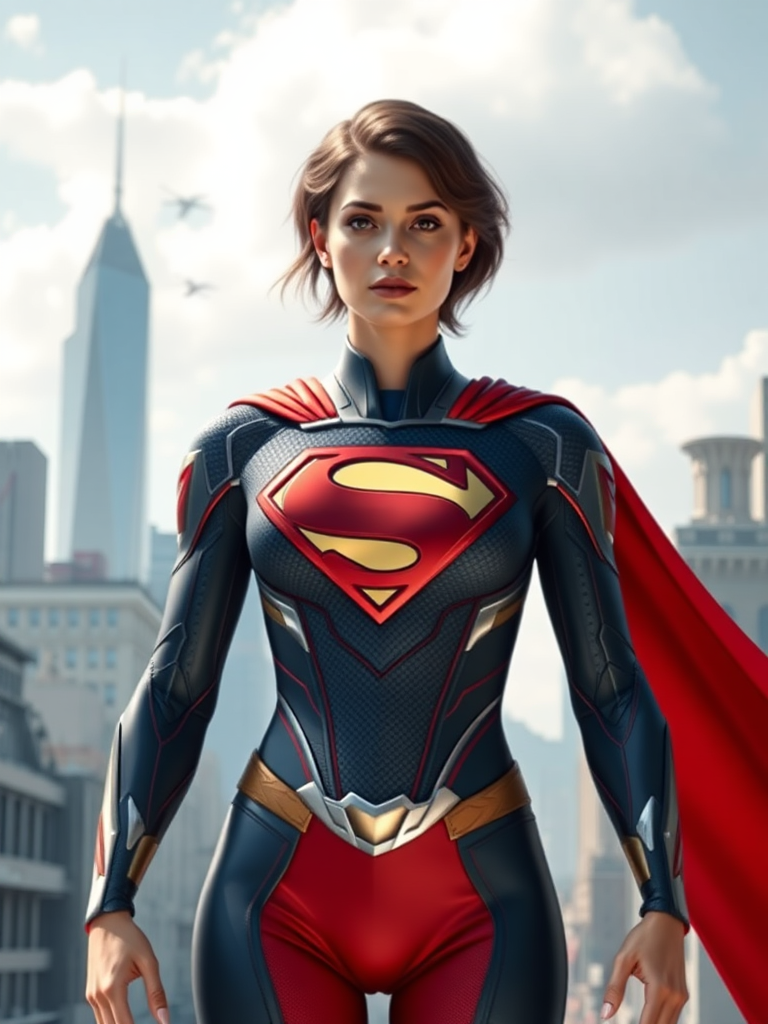 Create a full-length rendered image of Superman, using the female figure of Ochaco Uraraka as the base for the body. Maintain Superman's iconic head, including the signature hairstyle and facial features. Merge Superman's classic costume with unique embellishments derived from Ochaco Uraraka's hero suit, adapting and modifying the attire to suit new feminine proportions. The costume should blend elements such as color schemes and patterns from both characters, resulting in a harmonious design. Develop the background by integrating elements from Superman's Metropolis skyline and Ochaco Uraraka's training facility, combining architectural styles and thematic features to create a unique, immersive scene that reflects both universes.