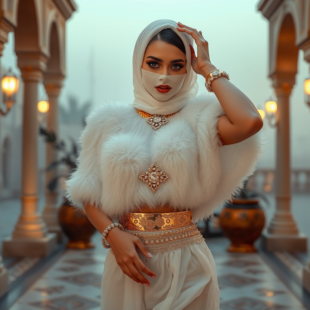 Kuwait desert palace harem patio misty dawn: Melissa, European 17 years old very convincing femboy “trophy-bimbo”, tamed servile docile, very beautiful feminine flawless face, rather short, by hormones very curvaceous womanly figured, heavily made-up eyes, wearing Supertanya-style fluffy very fuzzy bright white angora turtleneck-poncho cropped ending under bust decorated with pearls and gemstones, striking oriental wide gold bridal protection belt, white fully transparent harem pants, full Oriental bridal jewelry, face covered by white sheer full Burka, coin anklets, striking diamond “$$$” letter brooch on left chest, pout frustrated, seductively dancing for the sheik, hands high over her head, looking at camera. Focus on face and turtleneck-poncho.