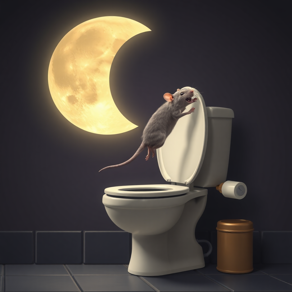 A rat jumping off the moon into a toilet