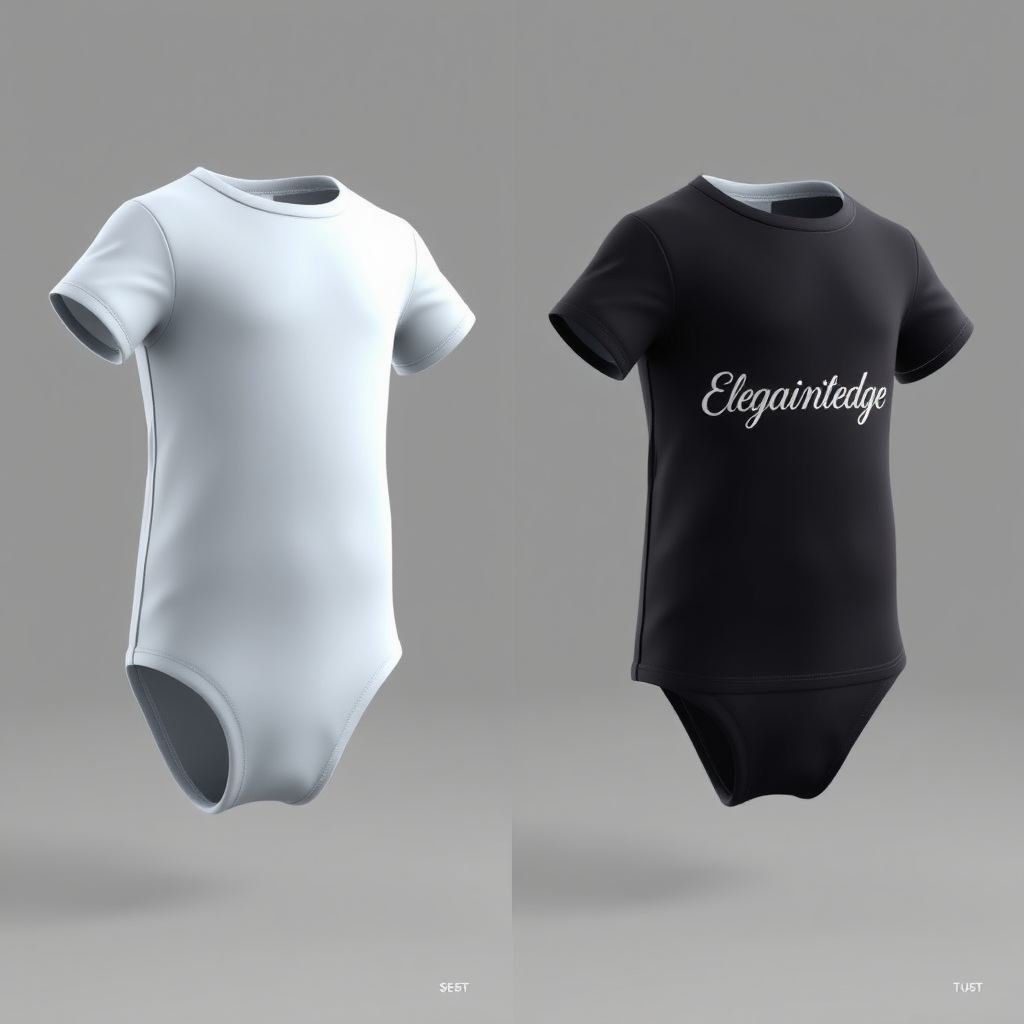 Create a dual-view 3D model showcasing Elegantedge boys' clothing, with a short sleeve crewneck bodysuit on one side and a toddler t-shirt on the other.

For the bodysuit, design a sleek, fitted silhouette with a clean, simple crewneck and soft seams. Highlight practical snap closures at the bottom, ensuring comfort and functionality for toddlers. The Elegantedge brand name should be subtly embossed along the chest or sleeve in a bold, modern font. Use a timeless color palette (navy, grey, or light blue) to keep the design both versatile and stylish.

On the opposite side, create a toddler t-shirt with a relaxed fit, featuring soft fabric and high-quality stitching. The t-shirt should complement the bodysuit, sharing the same Elegantedge branding, and emphasize comfort and durability. Opt for neutral or slightly bold tones (white, black, or soft pastels) to keep the style playful yet refined.

This split-view design should visually balance Elegantedge's signature elegance with everyday wearability, perfect for both infants and toddlers.