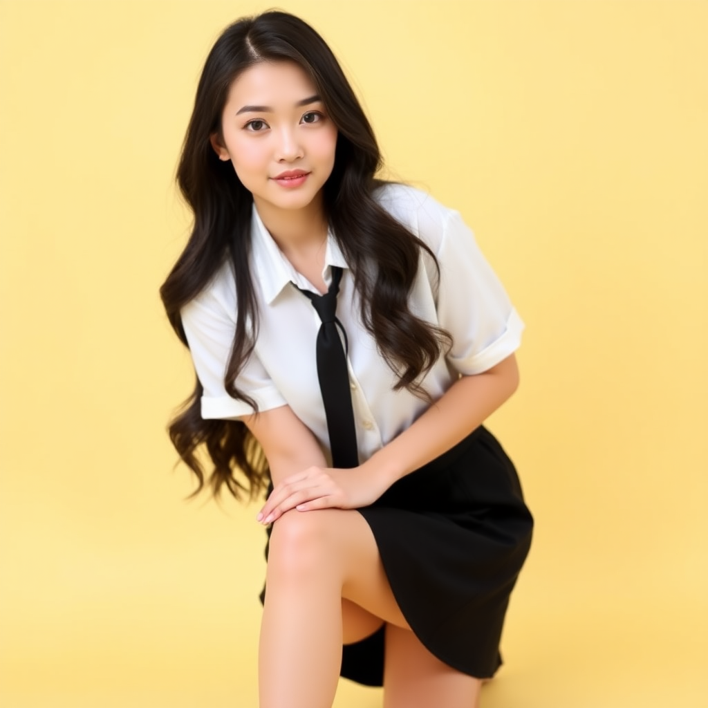 Asian portrait. A young woman, possibly in her early twenties, with long, wavy black hair and fair skin, is kneeling in front of a light yellow background. She has lovely eyes and is looking towards the camera. She is wearing a white shirt with a tie, a black mini skirt, white lace stockings and no shoes.