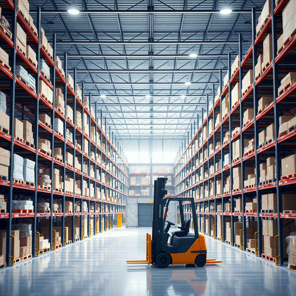 Create a high-resolution stock photo of a modern warehouse interior. The scene should include tall shelves filled with various boxes and products, a spacious layout with clear pathways, and bright overhead lighting. Include a forklift and a gate. The overall atmosphere should convey efficiency and organization, with a clean and professional look. No text, no humans.