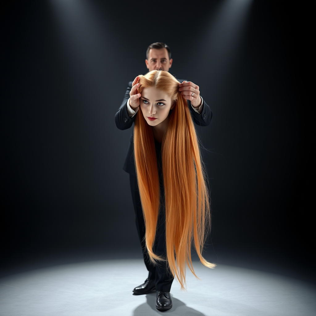 In a well lit performance space, a magician dressed in a sleek, tailored black suit stands center stage, exuding an air of mystery and theatrical flair. The atmosphere is thick with anticipation, as the audience holds their breath, captivated by the illusion about to unfold. The magician dramatically reaches into the shadows and, with a flourish of his hand, pulls forth the severed head of a strikingly beautiful female magic assistant, her long, cascading hair shimmering like silk and flowing down in an ethereal cascade.

Her lifeless gaze seems to flicker with a haunting enchantment, the vibrant color of her hair contrasting sharply against the stark, plain gray background that envelops the scene in an eerie calm. The magician grips her long, luxurious hair firmly, lifting her head to the camera, showcasing the intricate details of her pale skin, perfect porcelain features, and subtly painted lips. The juxtaposition of life and death creates a chilling yet mesmerizing effect, stimulating both curiosity and disbelief among the audience.

The room is filled with a tense stillness, the silence punctuated only by the soft whisper of fabric as the magician's fingers brush over the strands of hair, showcasing the surreal nature of the trick. Soft spotlighting highlights the magician’s intense expression, adding an ominous tone to the performance, as if he is in complete control of not only the illusion but the very essence of life itself. The minimalist decor enhances the focus on the central display, allowing the unsettling yet captivating image to linger in the minds of all who witness this bold act of theatrical illusion.