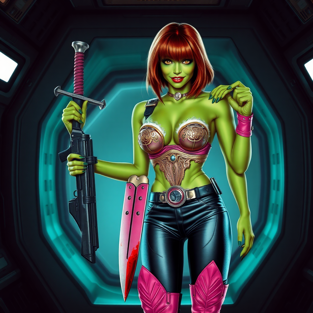 Tall, beautiful green skinned woman. Her brown hair is in a shag-cut style. Her eyes are gold. She is dressed in an ornate metal bra. She is wearing black leather pants, with pink knee high boots. She is holding a large, bloody dagger in a threatening manner. She is smiling. A sci-fi looking gun is holstered at her hip. Standing next to her, hand on her shoulder is an older green skinned woman, dressed in a metal bikini and gray knee boots. She is at a sci-fi space-port.