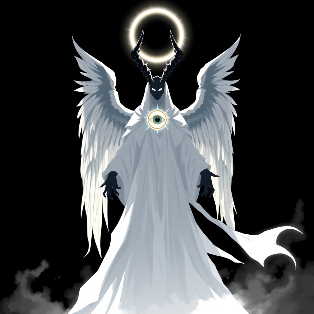 (Anime Pixel-styled art) Black background, the eerie figure of Yaldabaoth, the Demiurge, emerges in stark contrast. Towering and ghost-like, his form is tall and ethereal, a spectral white silhouette that seems to glow with an unsettling luminescence. His face is hidden beneath frontside a strange and eerie circular light, radiant and blinding, with a single eye symbol hauntingly suspended within the glow. His head is crowned by four jagged, imposing horns, adding to his menacing yet angelic presence. Draped in flowing robes of white and black, Yaldabaoth's appearance straddles the line between celestial and terrifying. Four majestic angel wings unfurl from his back, their divine beauty twisted by the sinister aura that surrounds him. Floating effortlessly in mid-air, his entire form is visible—a full-body view as his arms extend outward, as if preparing to unleash a powerful, otherworldly force. His presence commands awe and fear, a terrifying blend of celestial grace and eerie malevolence.