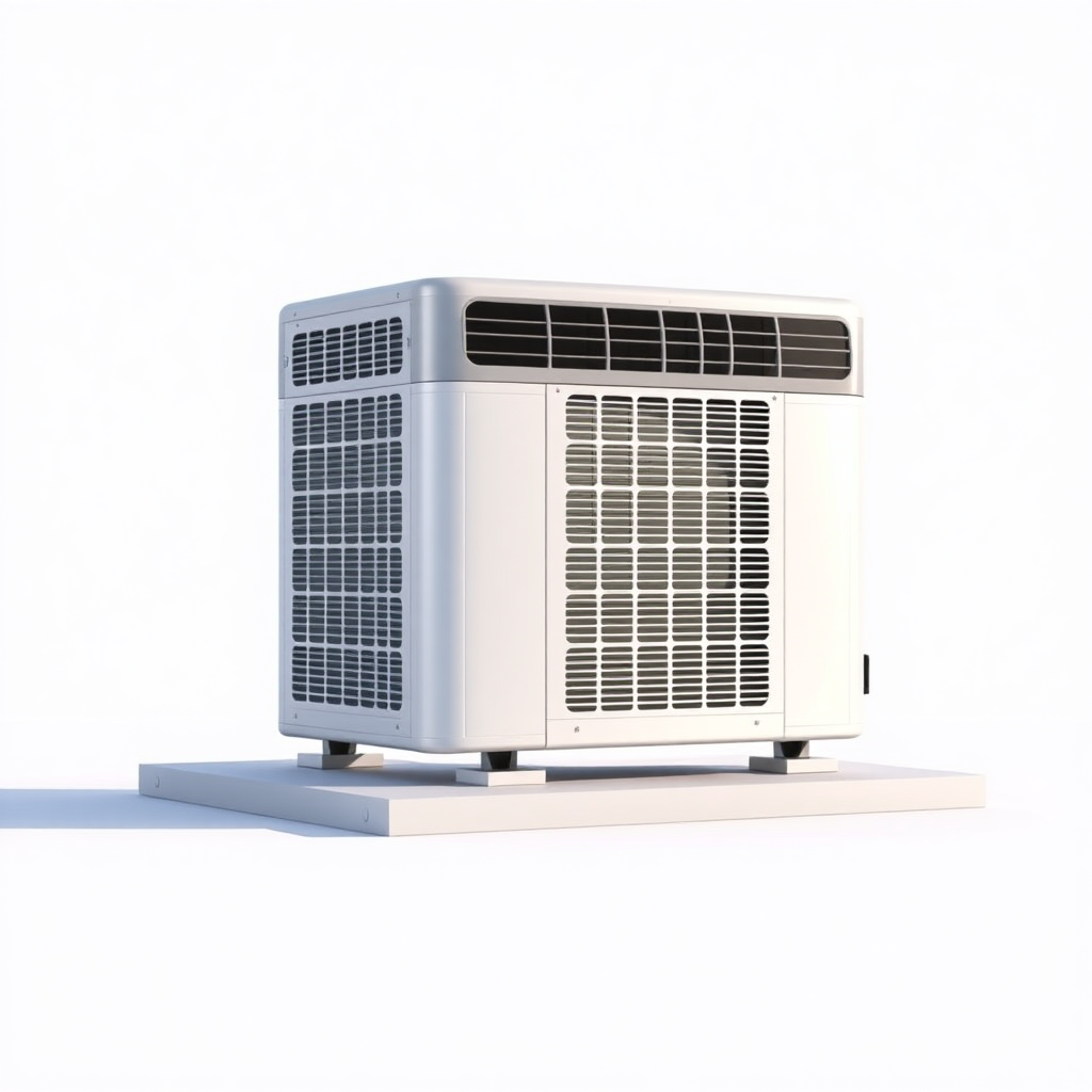 A simple, 3D model of a standard residential outdoor air conditioning unit or condenser. The unit should be placed on a flat surface. The unit should be a neutral color. Plain, uncluttered background. No text.