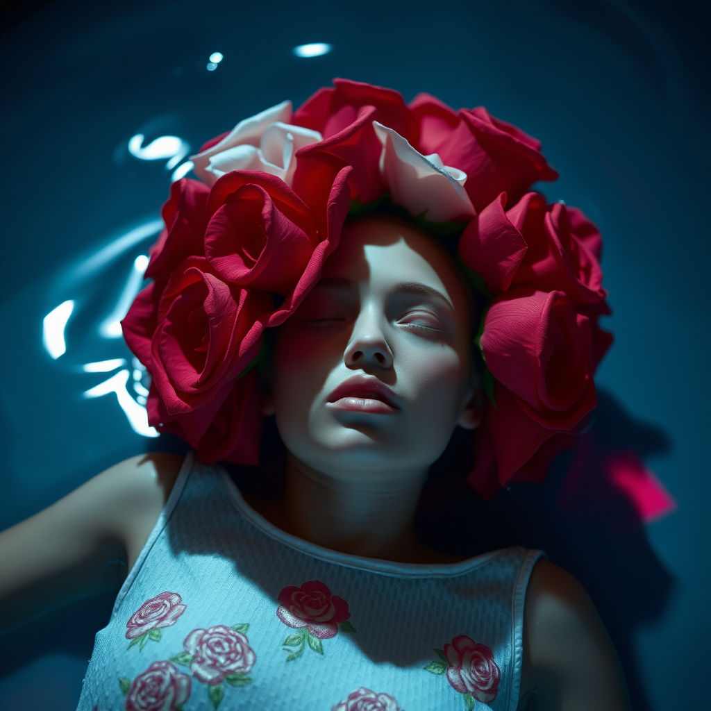 A red rose bouquet head, no human, front view, wearing a white textured dress with pastel minimal floral print design, closeup shot, hyperrealistic, lying inside water with blue and pink effect, nighttime, dark