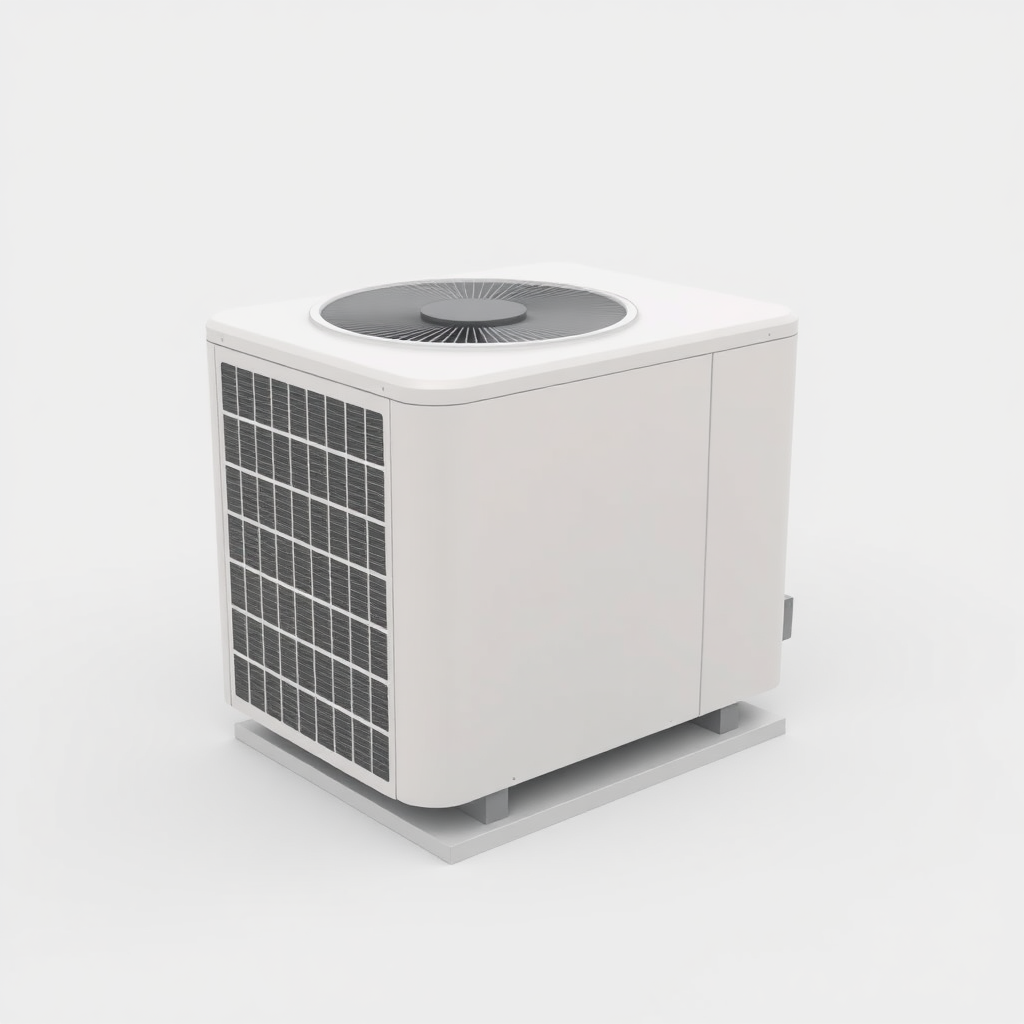 A simple, 3D model of a standard residential outdoor air conditioning unit or condenser. The unit should be placed on a flat surface. The unit should be a neutral color. Plain, uncluttered background. No text.