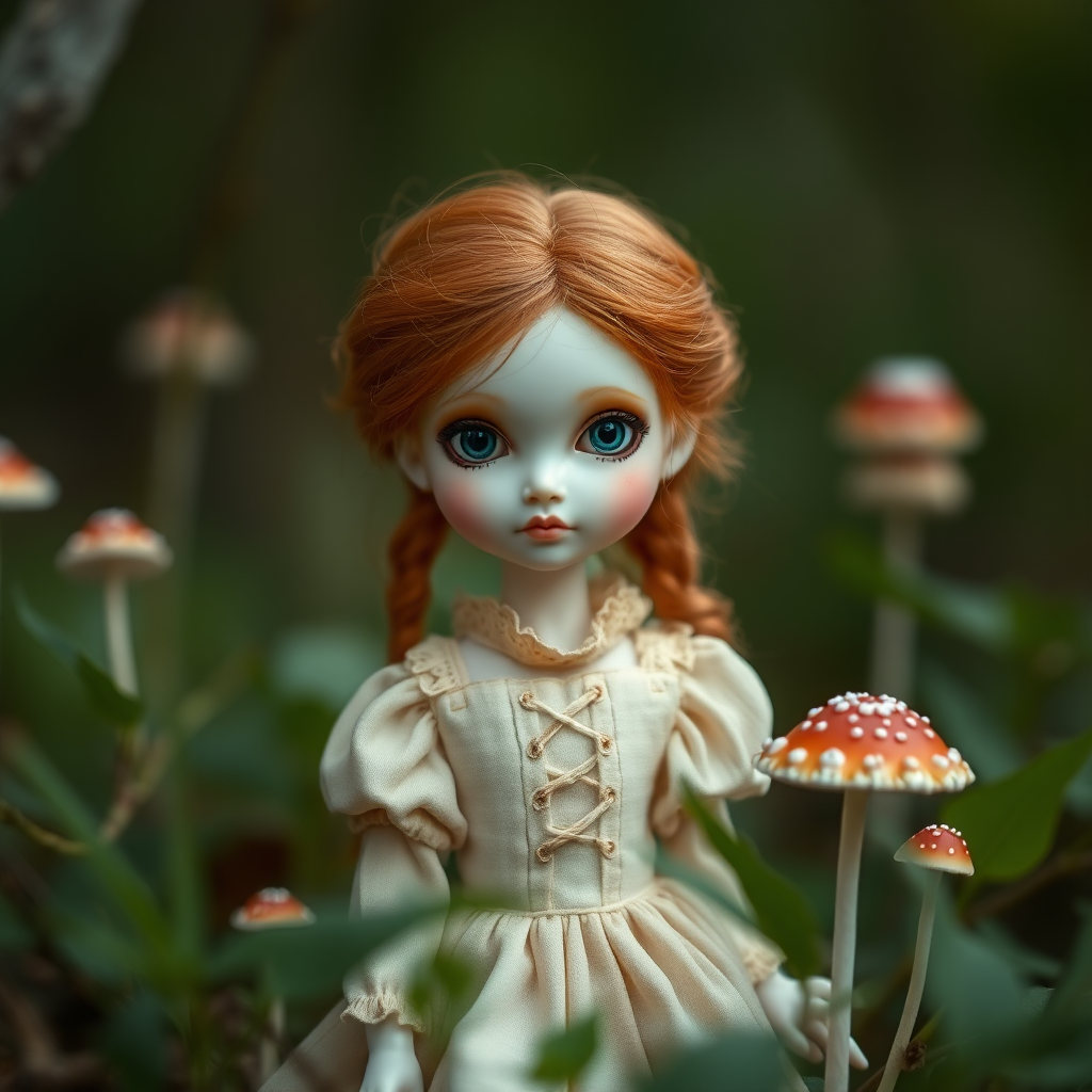 ooak art doll in nature, looking at camera, shy flirting, bisque doll, artist doll, realistic doll, life-like porcelain doll, handmade, one of a kind, focus stacking, abstract, minimalist art, in focus, hyperfocal, bisque porcelain, Victorian dress, symmetric, sacred geometry, original, unique personality, dynamic, cinematic scene, centered, zoom shot, dept of field, low key lighting, preteen ginger girl, balanced colors, Alice in wonderland, shrooms