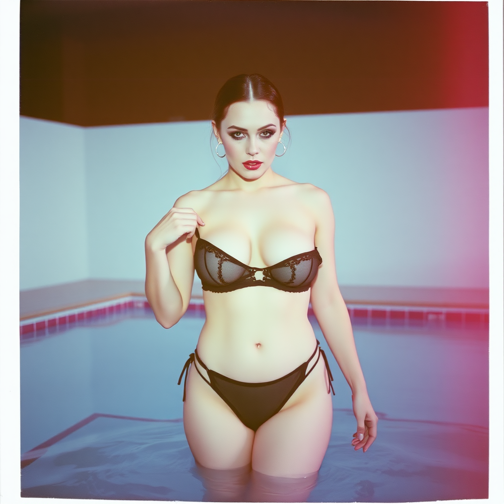 old polaroid photo with heavy vignetting and pink and blue artistic studio lighting color tint and light leak, depicting a sexy curvy thicc pale white alt goth girl with eye makeup, pulling down her tiny revealing black see thru bikini gstring thong, standing in a pool