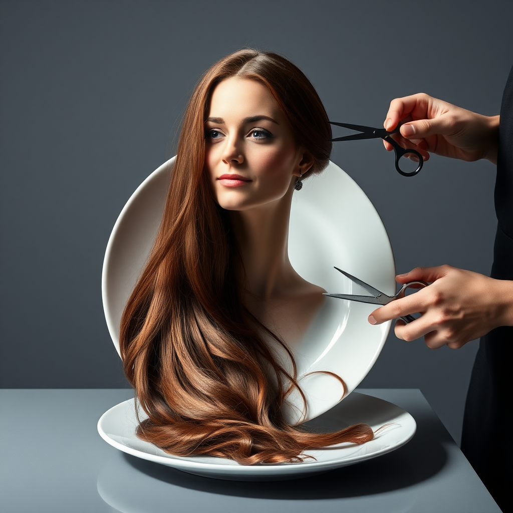 In a strikingly surreal scene, a beautifully crafted porcelain plate holds the disembodied head of a graceful Kate Middleton, her long, flowing hair cascading around like a luxurious waterfall of silky strands, shimmering in various shades of deep chestnut. Each hair seems to catch the light, creating an almost ethereal glow. Nearby, a meticulous hairdresser, dressed in a sleek black apron, carefully snips away at Kate's locks with precision scissors, their actions fluid and deliberate, emphasizing the delicate artistry of the moment.

The setting boasts minimalist decor, with a plain gray background that heightens the focus on this bizarre tableau. Soft shadows play across the smooth surface of the plate, enhancing the haunting beauty of Kate's serene expression, which conveys both elegance and an uncanny sense of stillness. The atmosphere is a blend of surreal calm and unsettling intrigue, pulling the viewer into a dreamlike space where reality and imagination intertwine. Gentle noises of scissors softly clipping away hair are the only sounds in this peculiar yet captivating scenario, heightening the tension and drawing viewers into this striking juxtaposition of beauty and the bizarre.