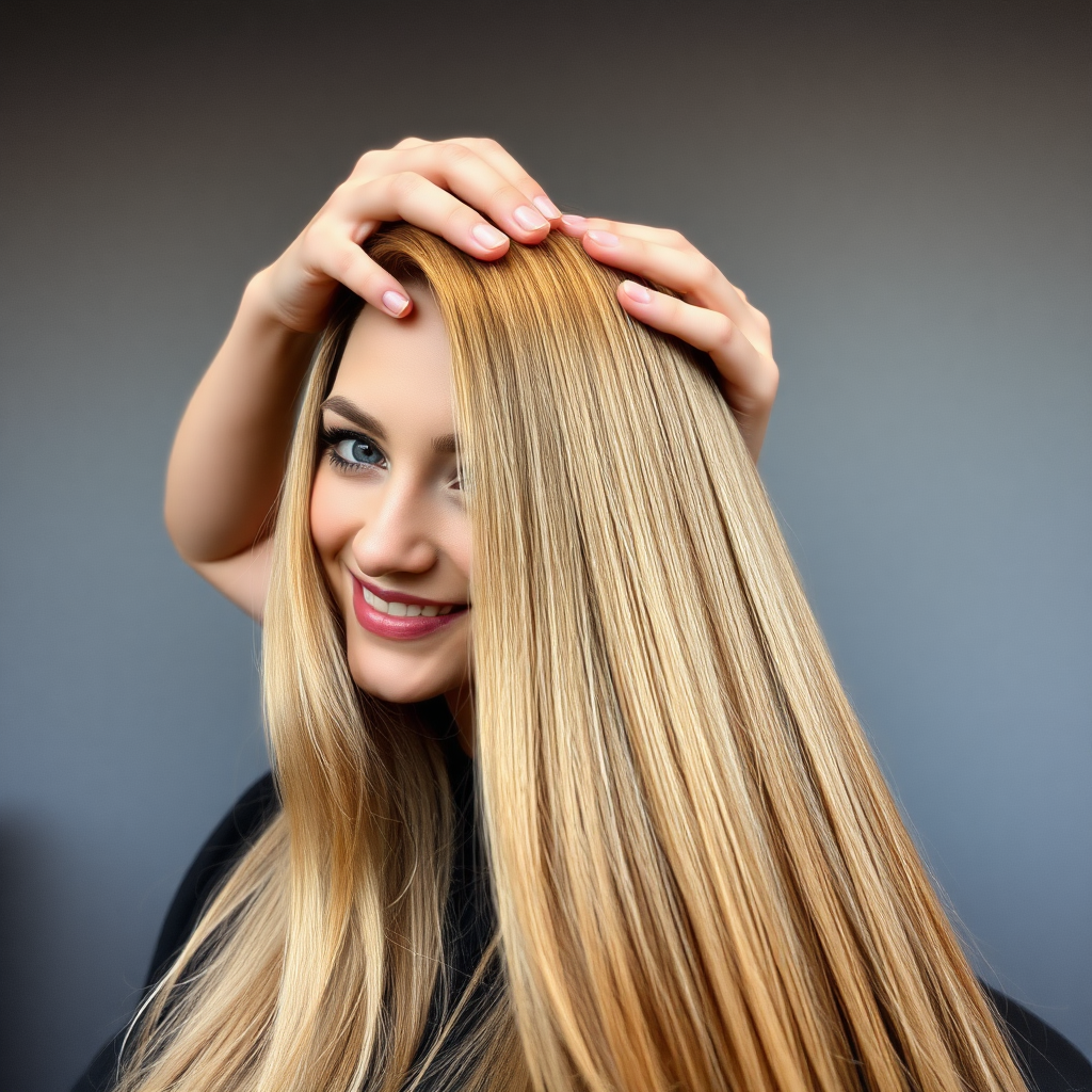 POV, beautiful very long haired blonde woman sitting in a hair salon smiling at the camera while I reach out from behind the camera to massage her scalp. My fingers are digging into her hair rubbing her scalp while her hair is covering my hands. 
Plain gray background.