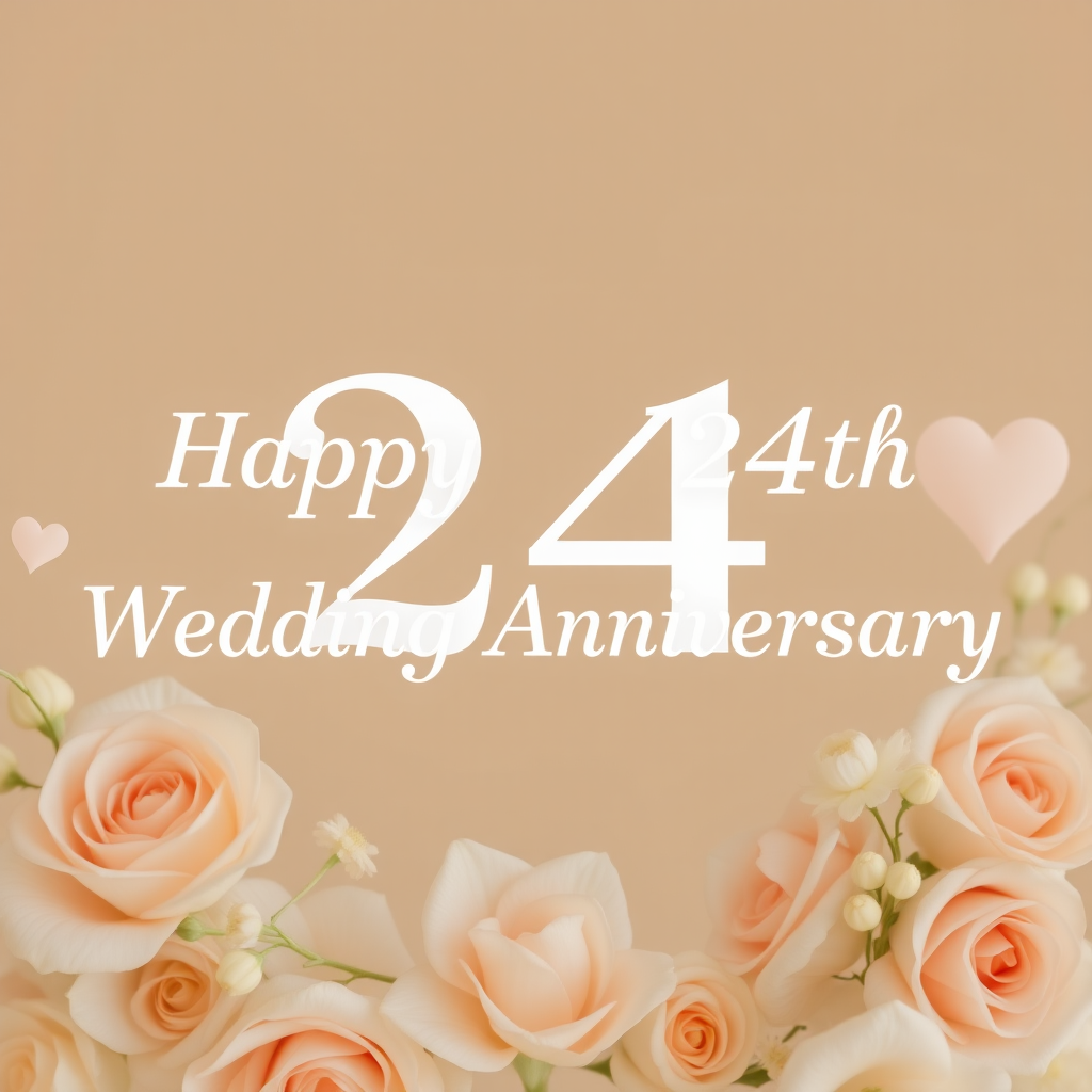 Create a soft, elegant image for a 24th wedding anniversary with a subtle 25-1 motif, blending celebration and love. Include delicate flowers, such as roses or lilies, arranged around the message: "Happy 24th Wedding Anniversary". Incorporate soft pastel colors like pinks, creams, and whites. The overall vibe should be warm, romantic, and joyous, capturing the essence of love and commitment over the years. the text needs to be exact.