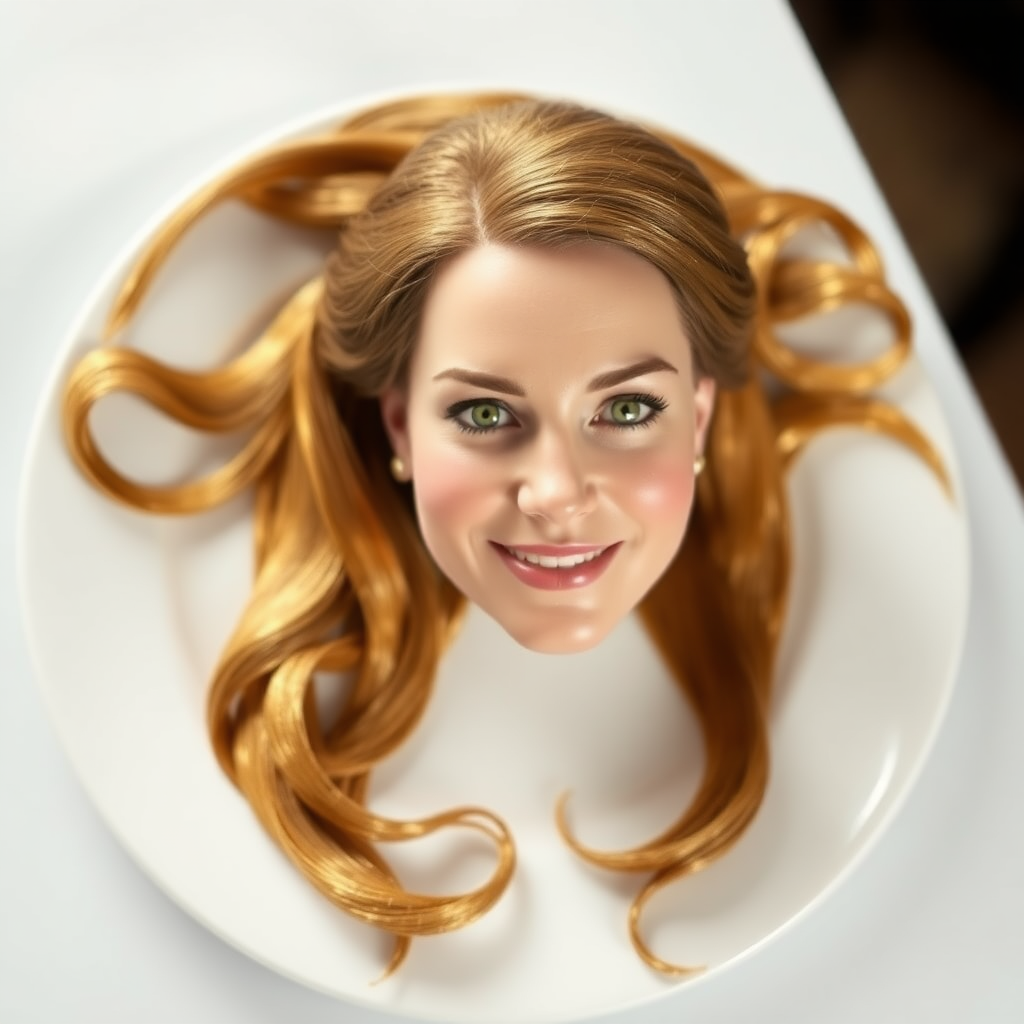 In a surreal and whimsical culinary display, Kate Middleton's disembodied head is elegantly arranged on a pristine, white porcelain plate. Her long, flowing hair cascades luxuriously around the edges, each strand meticulously crafted to shimmer in the ambient light, reminiscent of spun gold. The delicate features of her face, perfectly sculpted, convey a serene expression, with a soft, inviting smile that radiates warmth and grace.