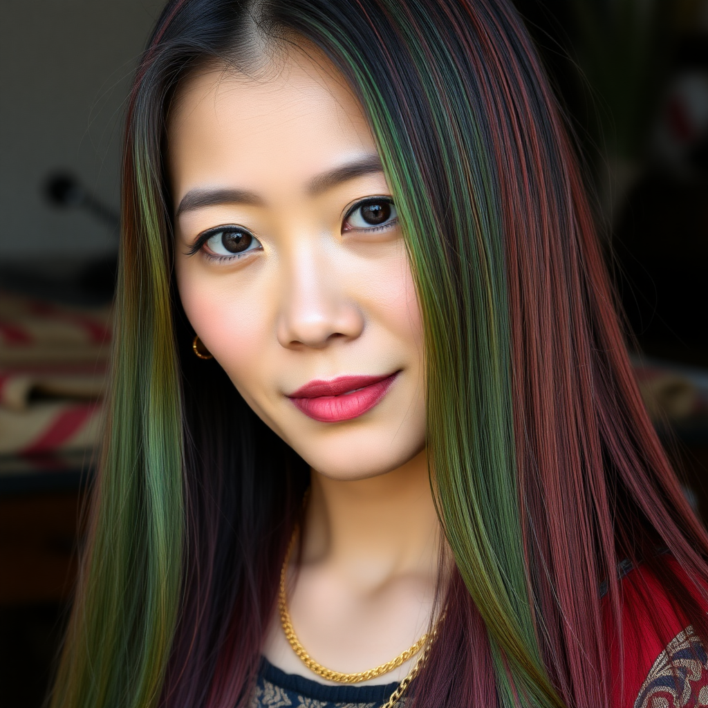 A 45 Year young North-East Thai Women with green, red and violet colored long straight Hair and a fine Gold chain.