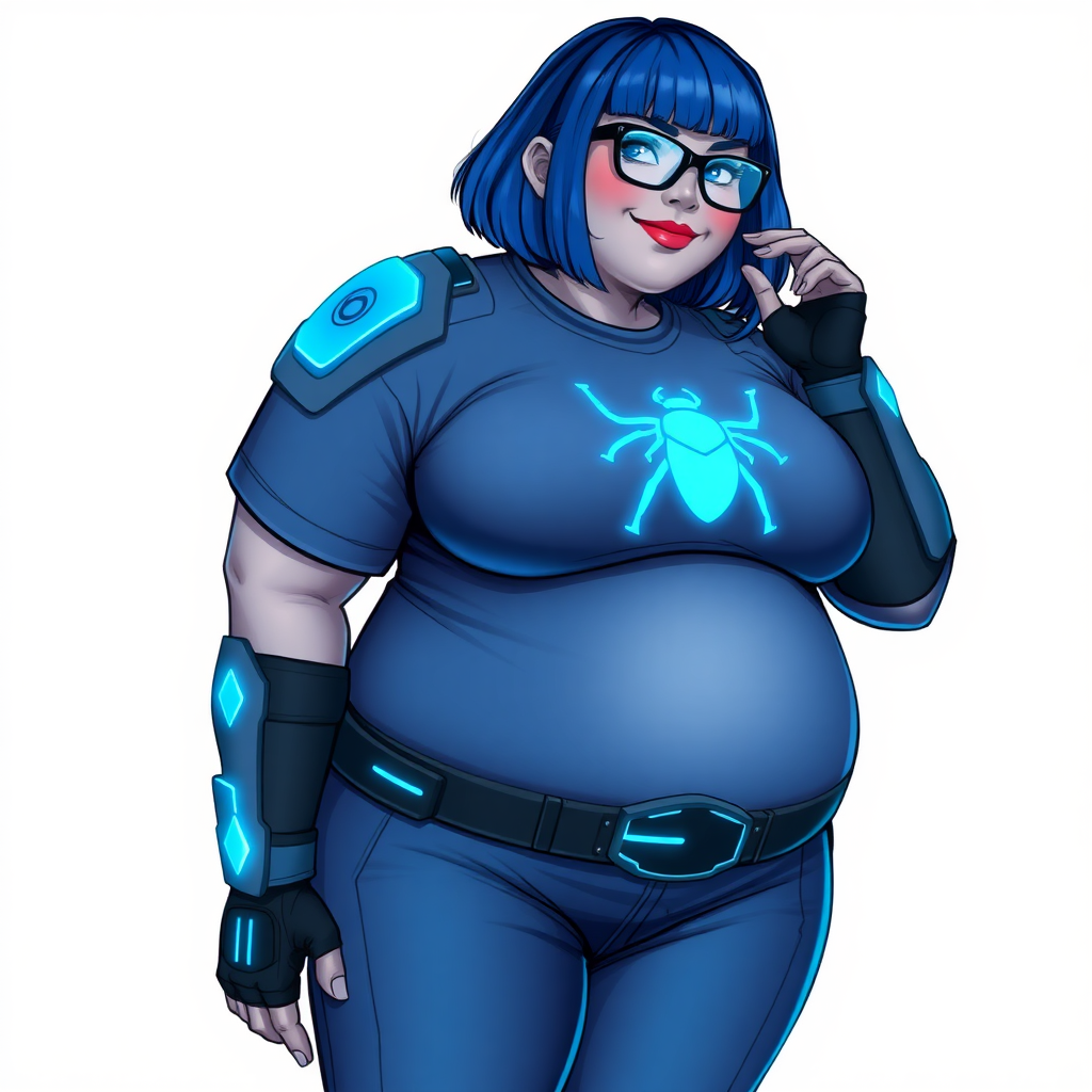 A 28-year-old, full-figured, middle gray skinned computer program hybrid with a maximum blue bob cut. She has a non-athletic, full-figured build, highlighted by a prominent, round, large midsection (with full emphasis on her large belly). As the full-figured, nerdy, digital sidekick to her cyberpunk vigilante boyfriend, her middle gray metallic skin and maximum blue lipstick emphasize her digital nature. She wears a digital, computerized costume inspired by DC’s Carrie Kelly Robin, consisting of a huge, tight-fitting, maximum blue t-shirt with a neon blue glowing chest icon of a beetle, hi-tech shoulder pads with neon blue accents, a black hi-tech belt with a digital neon blue glowing buckle, digital maximum blue pants with neon blue accents, and black hi-tech fingerless biker gloves with neon blue glowing accents. Her bright blue eyes, black eyeglasses with glowing neon blue lenses with a built-in HUD, and shy smile with neon red blush accentuate her nerdiness. She stands bashfully with one hand behind her back and the other hand gently touching her cheek, her costume covering all her skin and emphasizing her full-figured physique (especially her belly). She is clearly non-athletic, with a heavy focus on her large belly. Despite her build, she radiates beauty. She has a slim face compared to her physique, accentuating her radiant beauty. She is on a solid white background. She is drawn as if she were in a retro 2D cyberpunk fighting game. Her full figure is on full display and fully emphasized.