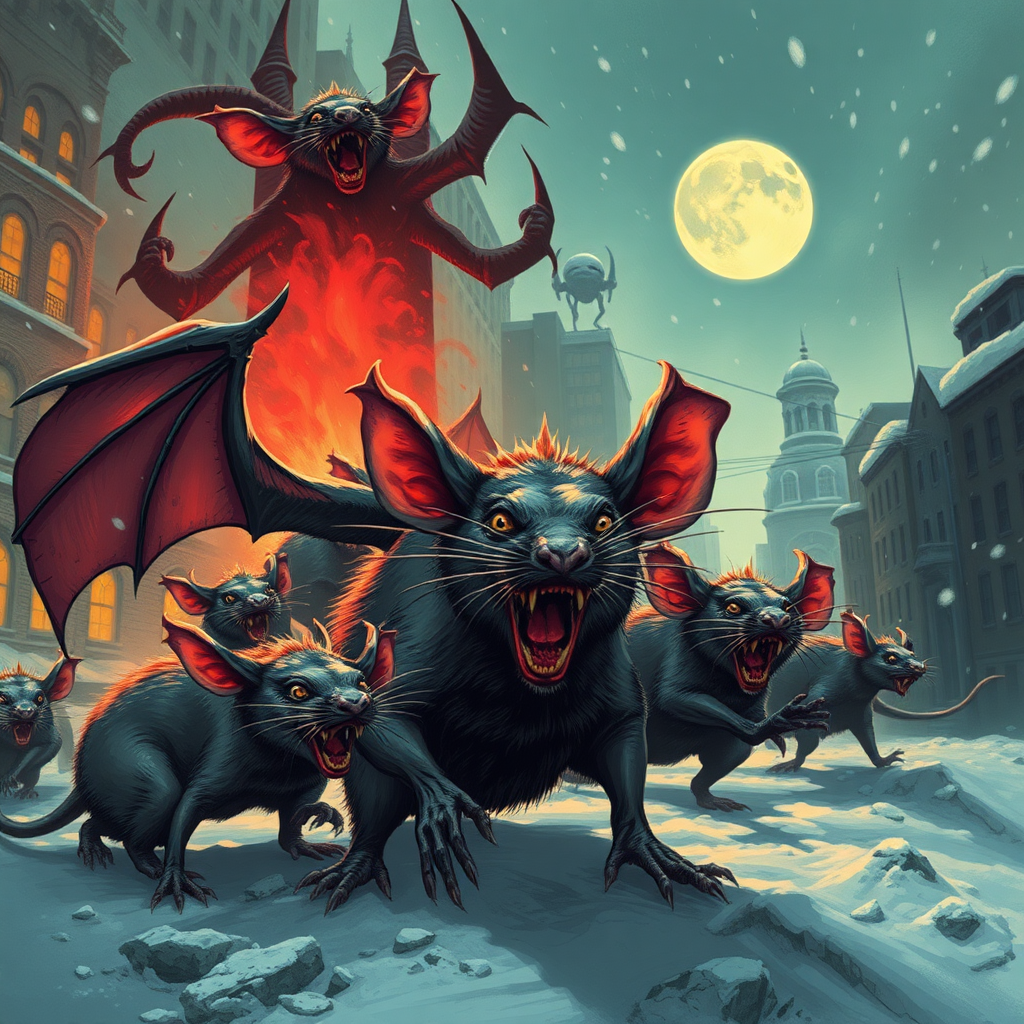 Demon rats invading Boston, Satan, blizzard, ancient aliens, conspiracy theories, cryptid, sinister, occult, tabletop gamebook illustration