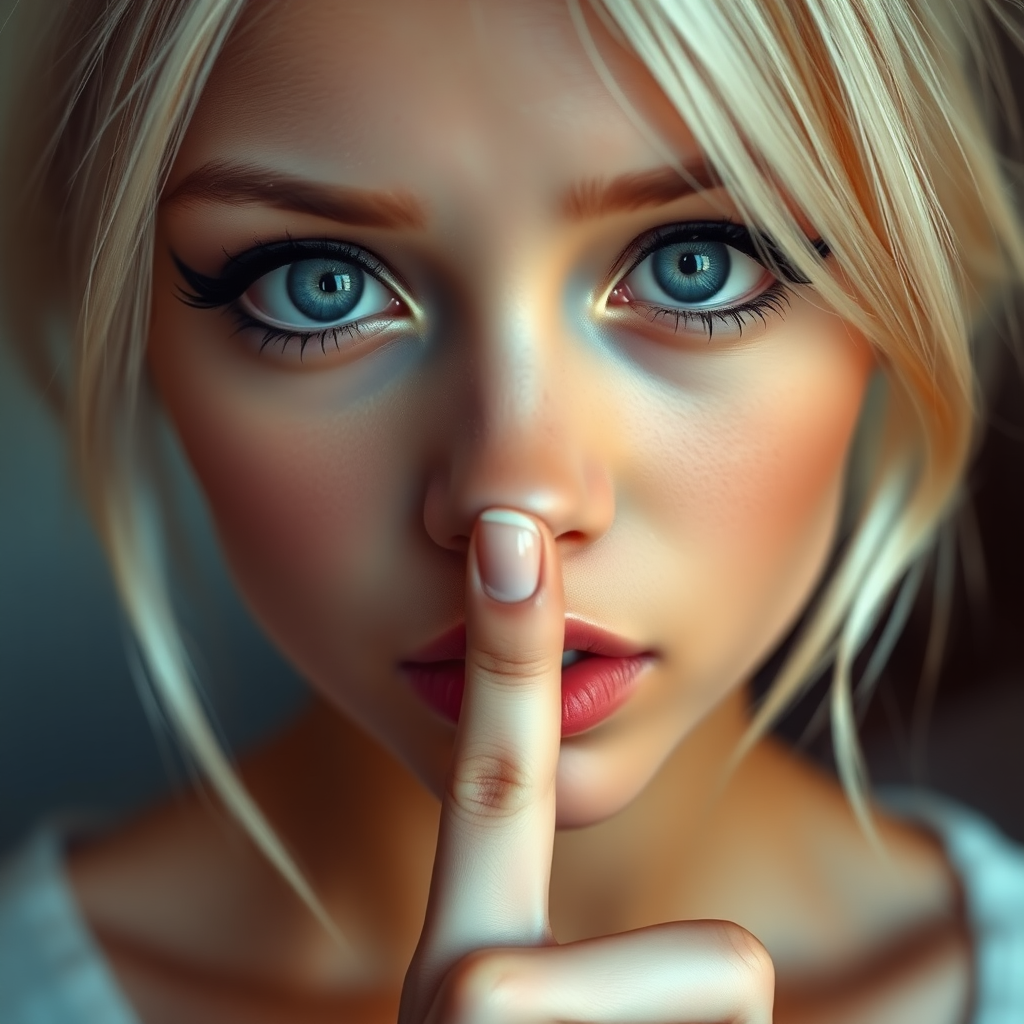 a young woman is holding her finger to her lips, 1girl, looking at viewer, blue eyes, blonde hair, solo focus, blurry, lips, eyelashes, blurry background, close-up, realistic. bleached blonde, black eyeliner, very large eyes, tanned skin.