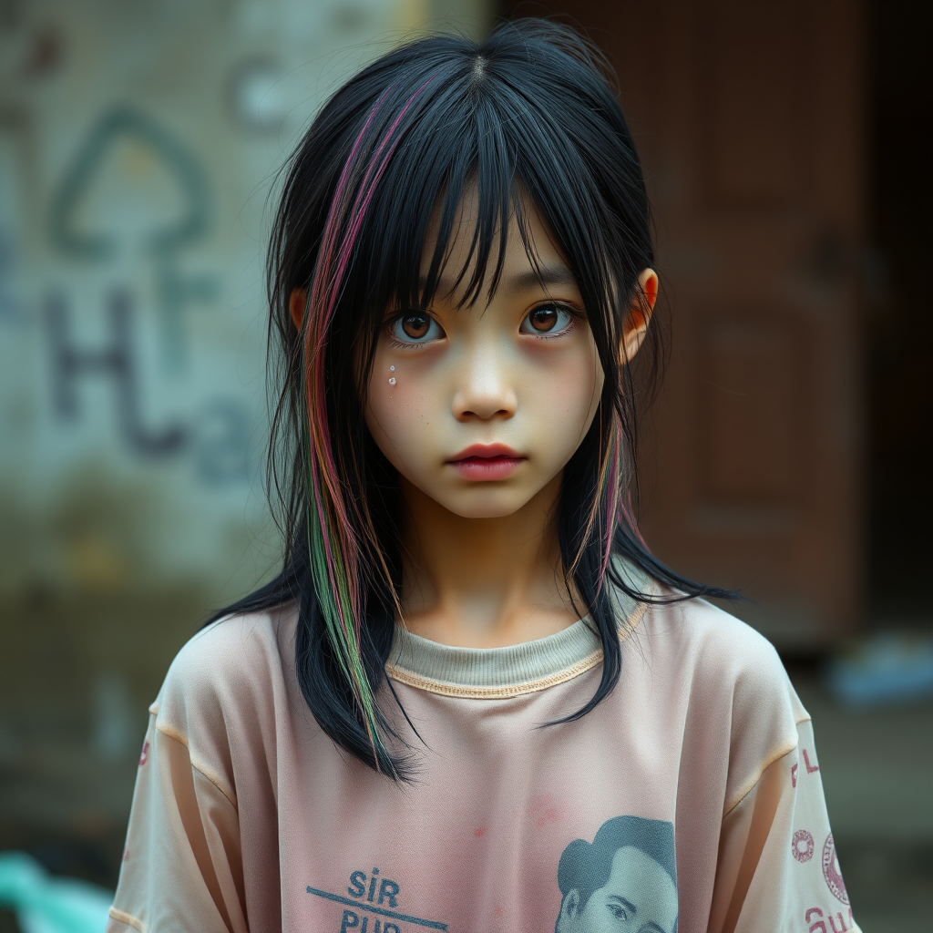 A homeless and sad and mysterious and surreal Asian girl in a very old, transparent T-shirt, with black and rainbow-colored hair and red eyes is looking without hope in her eyes, with a little bit crying and one teardrop.