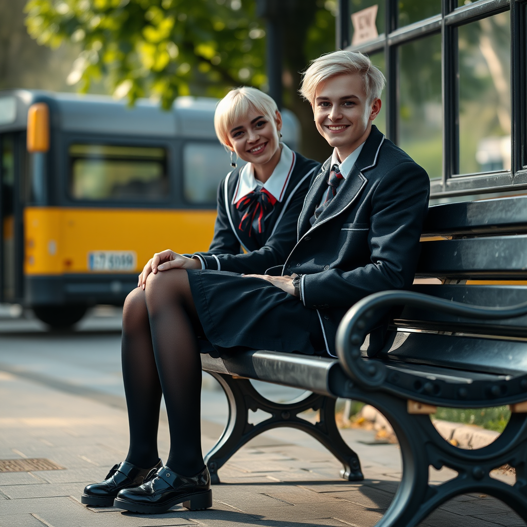 photorealistic, ultra high resolution, 16K, surreal fantasy, soft studio lighting, a pretty 18 year old goth male, slim male physique, short blonde hair, goth makeup, earrings, shiny black pantyhose, UK girls-school uniform, Mary-Jane shoes, sitting on his boyfriends lap on a bench waiting for the school bus, in daylight, excited smile, facing the camera.