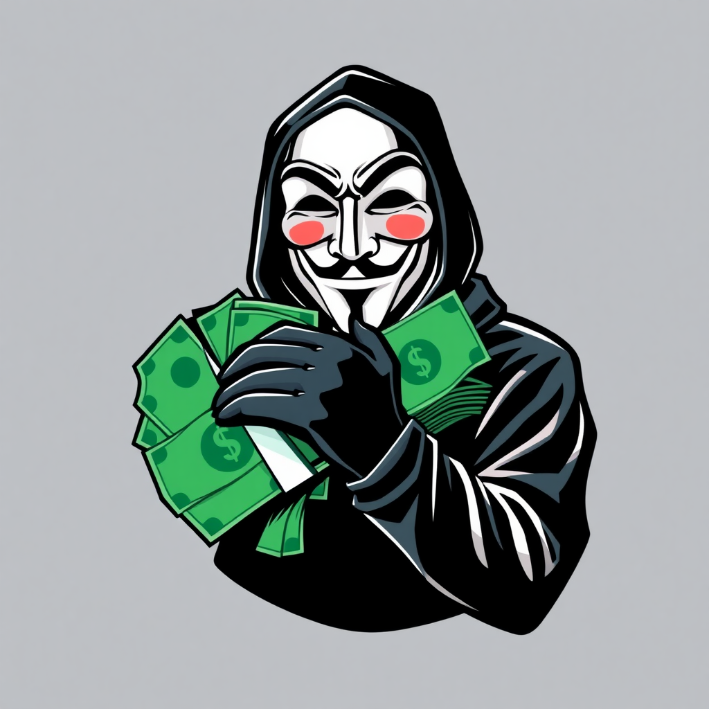 A logo art of an anonymous hacker holding lots of money. Black and white and dark green for the cash.