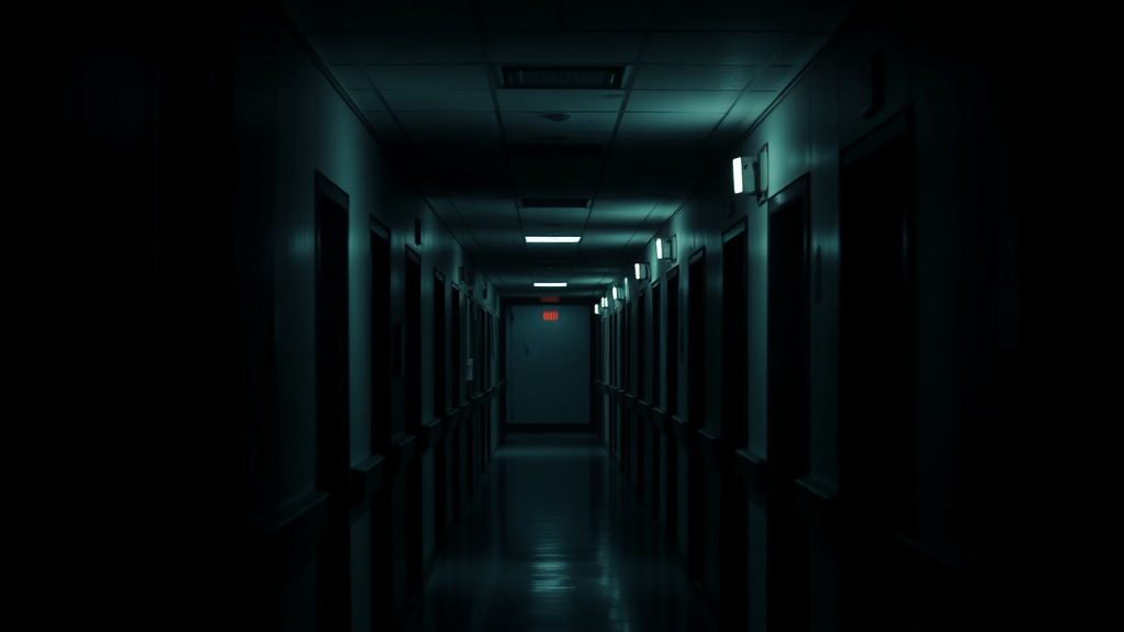 Dark, narrow corridors of the hospital with flickering lights and distant, distorted laughter echoing through the air.