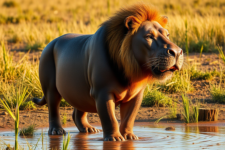 Create a photorealistic image of a lion showcasing the musculature and silhouette of a hippo, while preserving its original head and facial features. The body should retain the skin texture of the lion, blending elements of both animals. The background should be inspired by the habitats of lions and hippos, featuring savanna grasses and muddy water. Incorporate African flora and fauna to enrich the scene, ensuring a harmonious integration of both animal environments. The lighting should evoke a late afternoon glow, enhancing the vivid colors and details in the composition.