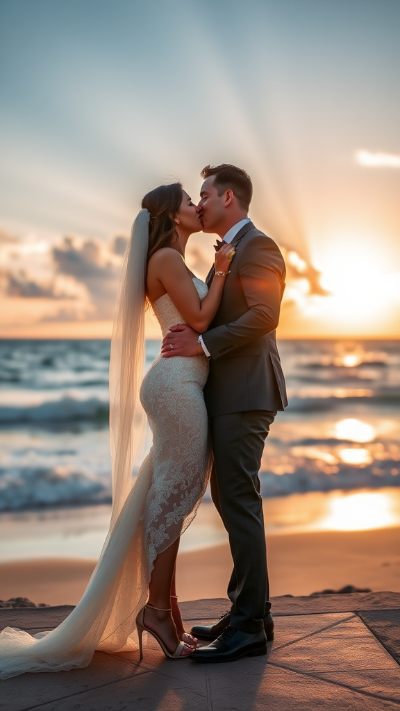 In the background, the bride and groom are elegantly dressed, she in high-heeled shoes and he in patent leather shoes, he passionately kisses the bride, in the background the sea with a beautiful beach, sky at sunset with rays of the sun and clouds.