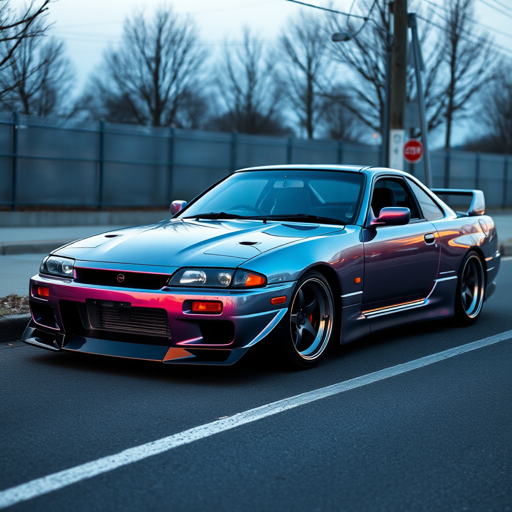 metallic shine nissan silvia s14 the car is parked on the side of the road, inspired by Taiyō Matsumoto, tumblr, restomod, nd4, c4 cold colors