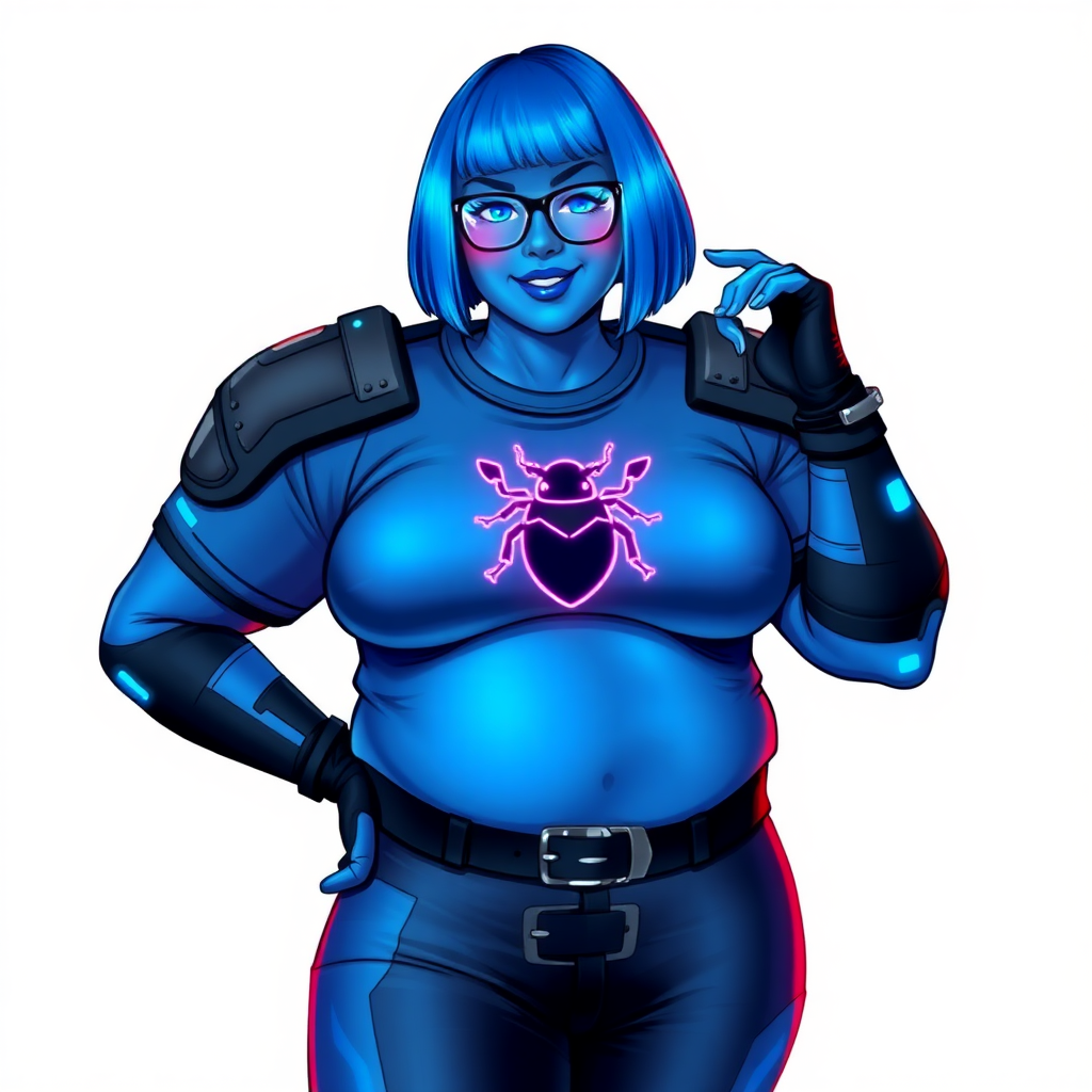 A 28-year-old, full-figured, metallic maximum blue (5PB 5/10) skinned computer program hybrid with a maximum blue bob cut. She has a non-athletic build, highlighted by a prominent, round, large midsection (with full emphasis on her round belly), which shows the effects of her love of junk food acquired from her boyfriend. As the full-figured, nerdy, digital sidekick to her cyberpunk vigilante boyfriend, her metallic maximum blue skin and maximum blue lipstick (5PB 5/12) emphasize her digital nature. Her skin has a subtle, animated glow, with digital patterns occasionally flickering across it, making her digital nature obvious. She wears a digital, computerized, superhero costume, consisting of a massive, tight-fitting, maximum blue t-shirt (5PB 5/12) made out of advanced nanotech with a neon blue chest icon of a beetle, hi-tech shoulder pads with neon blue accents, a black hi-tech belt with a digital neon blue glowing buckle, digital maximum blue biker pants (5PB 5/12) with neon blue accents, and black hi-tech fingerless biker gloves with neon blue glowing accents. Her neon blue glowing eyes, black eyeglasses with neon blue glowing lenses equipped with a built-in HUD, and bashful smile with neon red blush accentuate her nerdiness. She stands bashfully with one hand behind her back and the other hand gently touching her cheek, her costume covering all her skin (especially her midsection) and fully emphasizing her full figure (especially her round belly). She is clearly non-athletic, with a focus on her full-figured physique. Despite her build, she radiates beauty. She has a slim face compared to her physique, accentuating her radiant beauty. She is on a solid white background. She is drawn as if she were in a retro 2D cyberpunk fighting game.