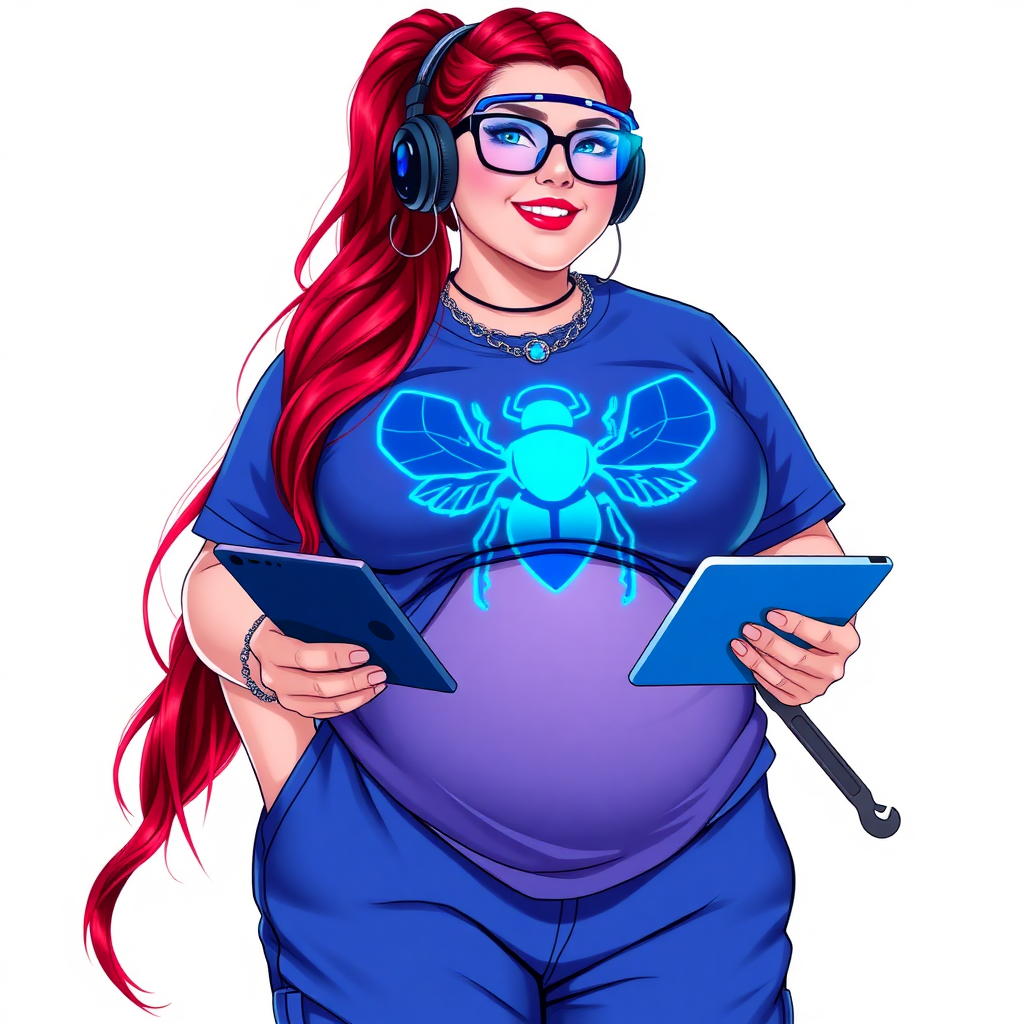 A cyberpunk vigilante’s full-figured intelligent and tech-savvy 29-year-old girlfriend, who is a computer hacker and tech genius. She has a long ruby red ponytail and bright blue eyes. She wears a sapphire beetle gemstone necklace, an oversized Maximum Blue (RGB 71, 171, 204) t-shirt featuring a giant neon blue glowing chest icon of a winged beetle, and matching Maximum Blue sweatpants. She has a full-figured physique with a prominent, enormous, round midsection, reflecting her well-cared-for lifestyle. She sports a sapphire headset with a hi-tech sapphire lensed HUD visor, Maximum Blue (RGB 71, 171, 204) lipstick, black eyeglasses, and a beaming smile with a passionate bright red blush. Despite her figure and a lack of self-esteem, she radiates an air of beauty. She has an angular face which contributes to her radiant beauty. She serves as his tech expert from his hideout, holding a holographic tablet and a hi-tech tool wrench. The background is solid white. She is drawn as if she was in a retro 2D cyberpunk fighting game. Make sure her outfit covers her midsection.