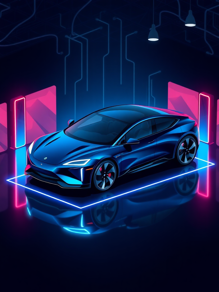 Draw an electric car in isometric view, high quality, very detailed, cybernetic around the electric car displayed in the showroom, and draw the background with a cybernetic and mysterious look like the movie "Tron", make the overall color dark blue to make it luxurious, draw the electric car in the center of the layout, and make the size of the electric car 1/5 of the screen size.