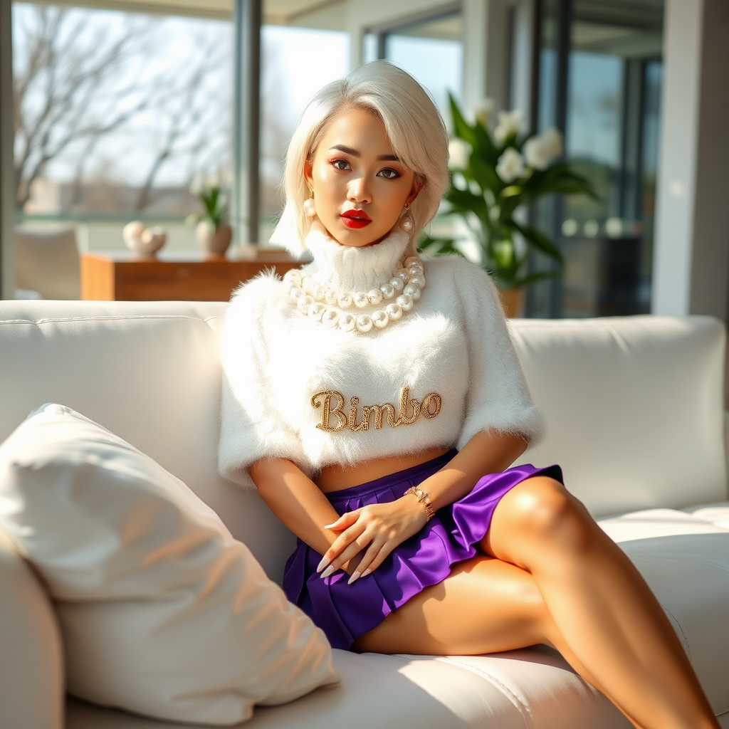 Sunny spring morning, chichi household, modern glass-steel-concrete CEO office, sitting on white leather sofa: Suki, 17 years old Asian very convincing femboy “trophy-bimbo”, tamed servile docile, very beautiful feminine flawless face, rather short, by hormones very curvaceous womanly figured, platinum blond short tight curls, bold red lips, long white French nails, heavily made-up face, wearing Supertanya-style fluffy very fuzzy bright white angora turtleneck-poncho cropped ending under bust decorated with pearls and glass stones, purple vinyl pleated mini-skirt, bright red pumps with golden very high heels, white pearl belly piercing, large pearl earrings, striking diamond “Bimbo” letter brooch on left chest, thick heavy pearl wristlets, pearl anklets, pout frustrated, looking at camera. Focus on face and turtleneck-poncho.