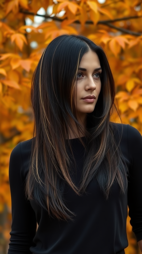 Bar Refaeli with very short, straight layered hair, black color with yellow highlights, against a backdrop of autumn horse chestnut foliage, in high definition.