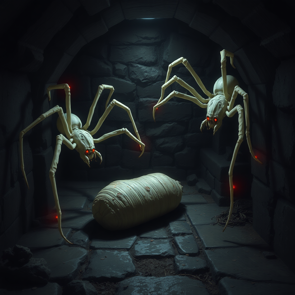 A dark basement medieval cellar with two large white spiders with red highlights crawling around and a cocooned human body in the center of the floor.