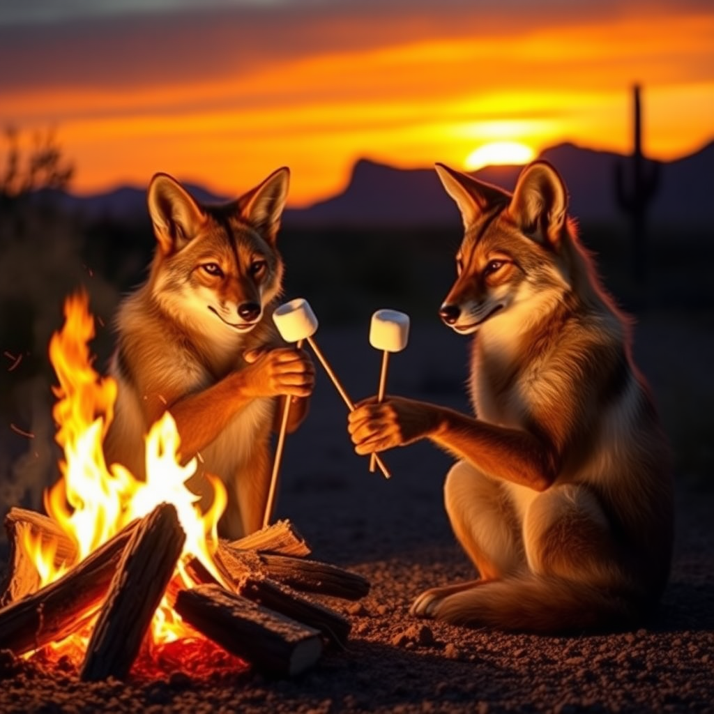 Arizona sunset with two coyotes sitting around a campfire holding sticks with their paws that have marshmallows at the end of them.