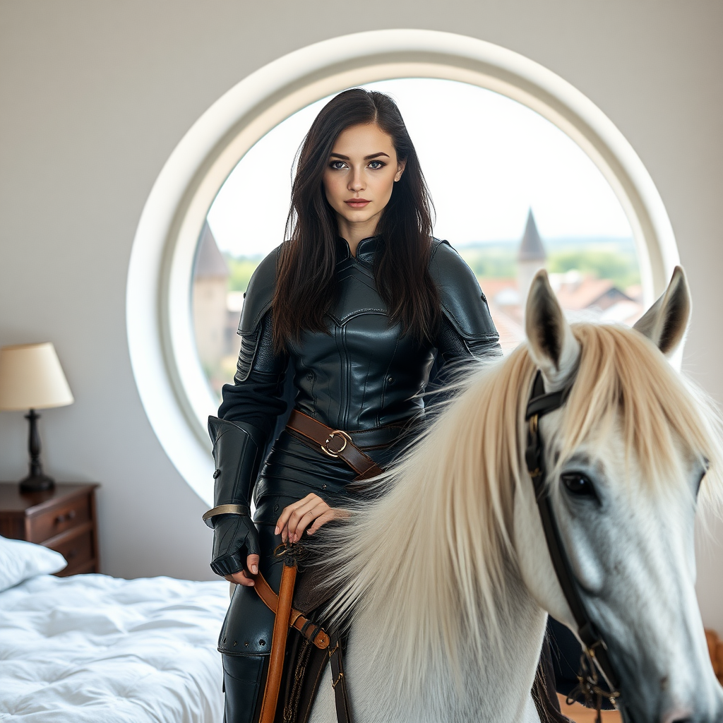 beautiful young woman, dark hair past her shoulders, blue eyes, small, slim figure, wearing full leather armor suit, long cloak, on a white horse in a modern bedroom with a large round hole looking outside to a medieval village.