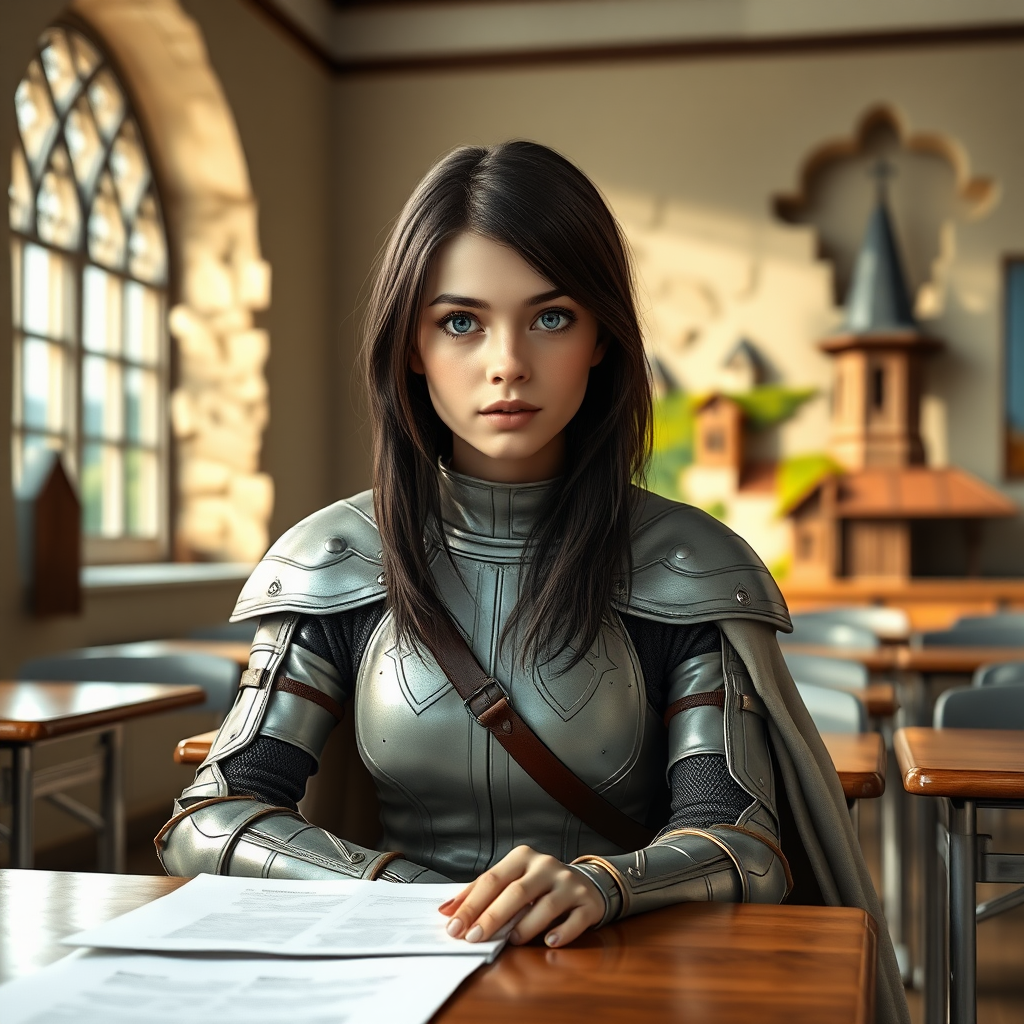 beautiful young woman, dark hair past her shoulders, blue eyes, small, slim figure, wearing light full leather armor suit with long cape, sitting in a school classroom at student desk with the wall missing with a beautiful medieval village in the background.