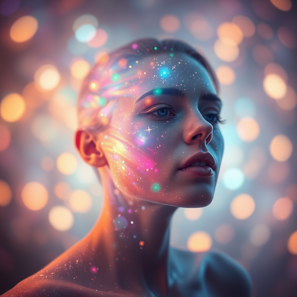 Low Key Lighting, dreamscape, nebula, Bokeh, abstract, brilliant colors, glittering, translucent, iridescent, natural skin, glowing, artistic photo, panoramic, awe, airy, original, experimental, interdimensional